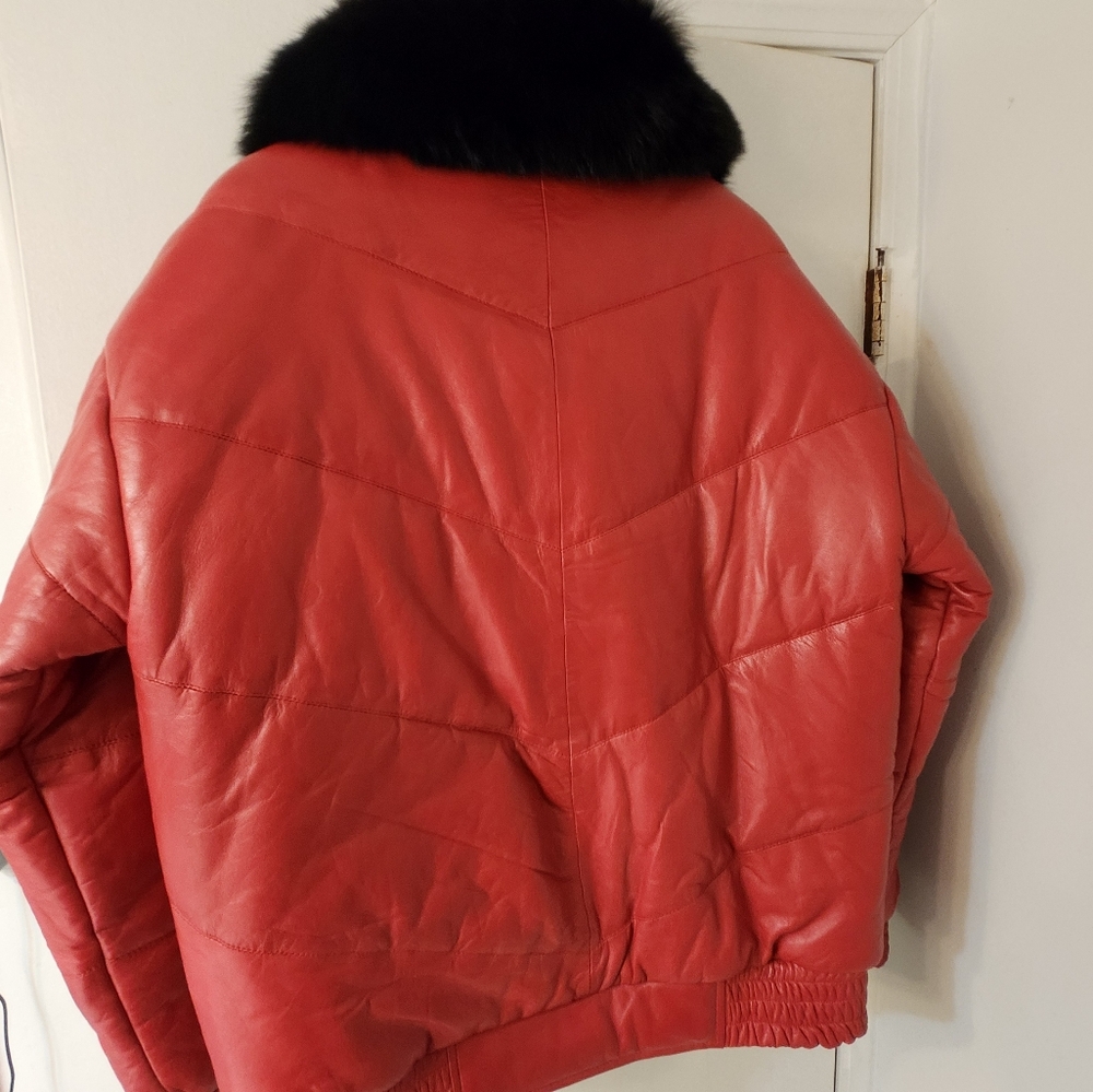 Luxury Mens Red Lamb Leather parka with black fox collar - Picture 3 of 4